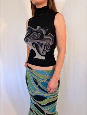 Vintage Y2K Mesh Abstract Woman's Face Turtleneck Top